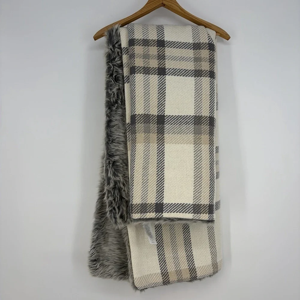POTTERY BARN Stewart Plaid Faux Fur Back Throw 60